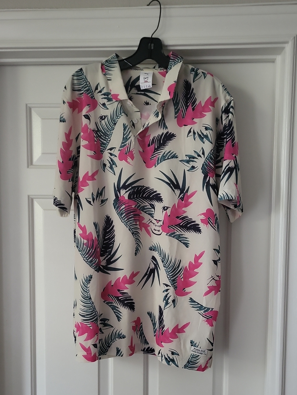 Puma Golf Duvin Design Co.  Shirt Cream with Pink & Green Tropical Print